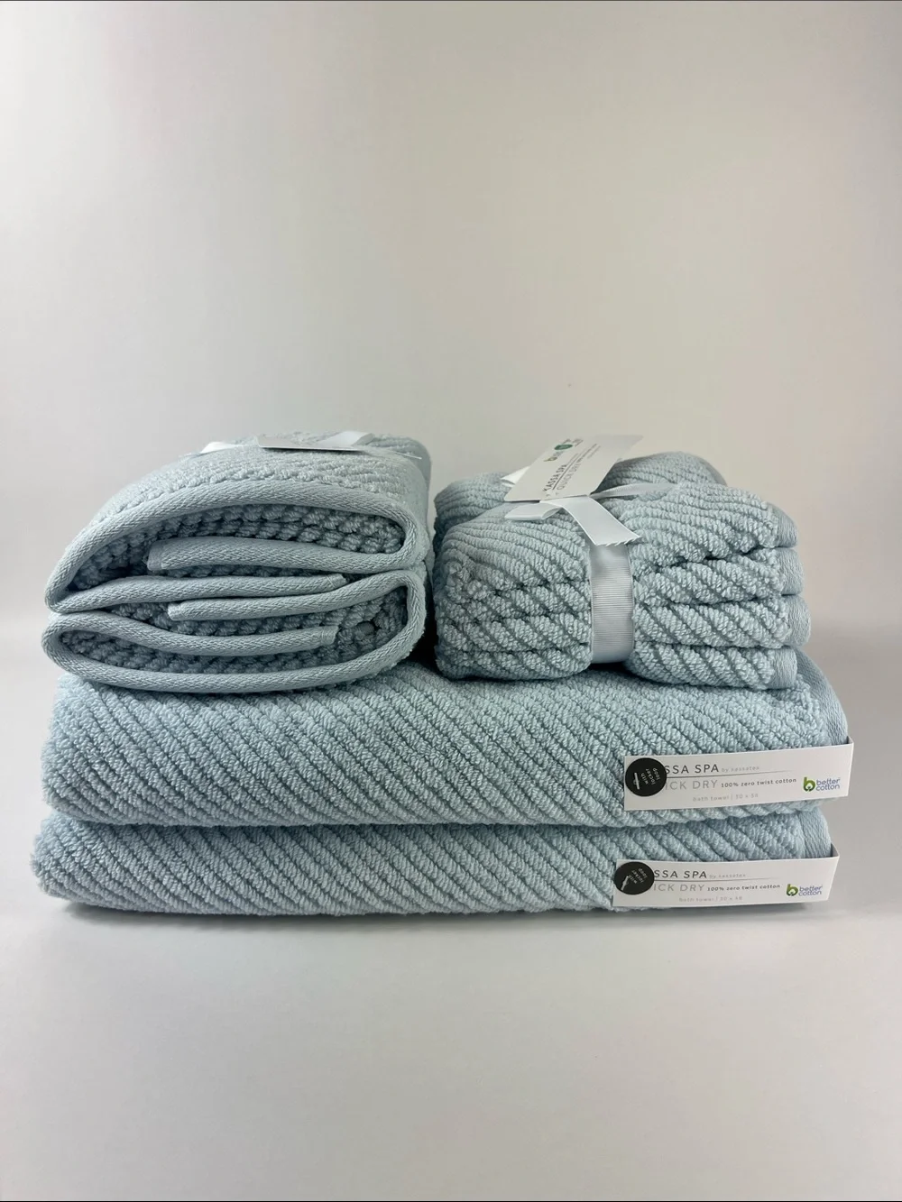Kassa Spa Bath Towel Set Light Blue Soft Zero Twist Cotton Textured 8 Pc NEW